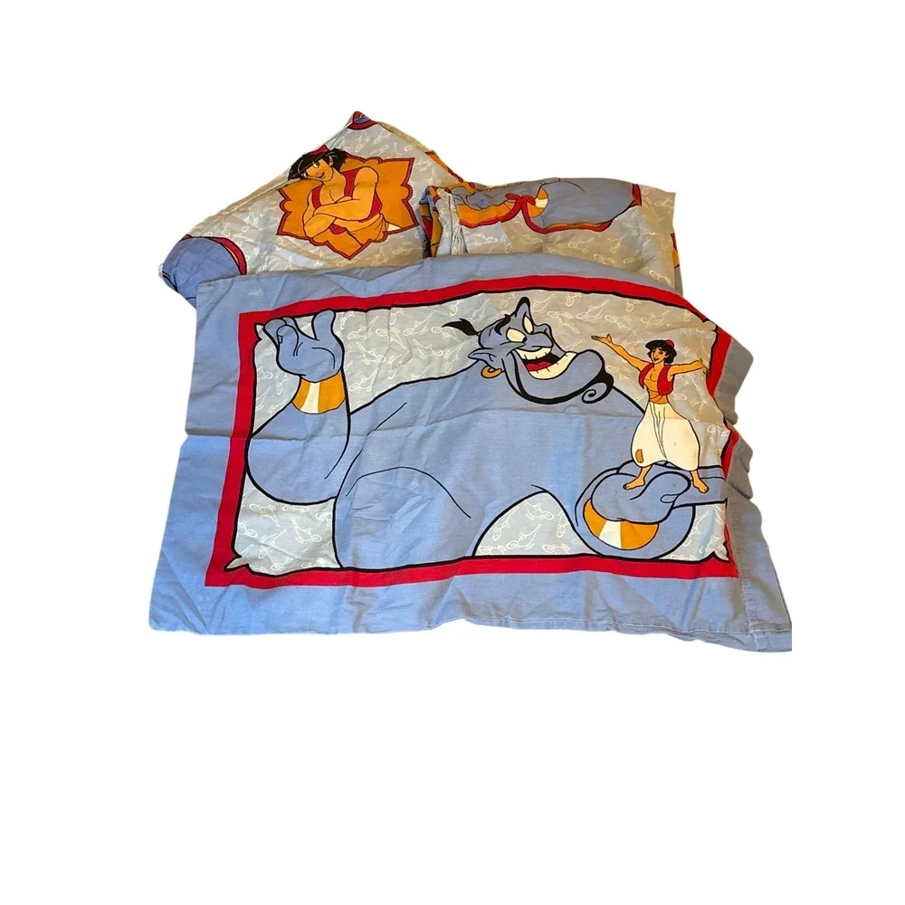 Vintage Disney Aladdin Genie Sheet Set Twin 3pc Flat Fitted Pillowcase Blue 90s